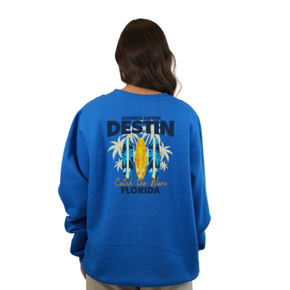 Destin Fl. Fleece Crewneck Sweatshirt Women with a Front Pocket Design and back big 3 Surf Boards Design Style 067