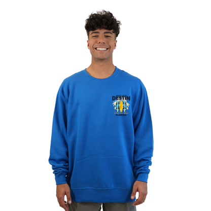 Destin Fl. Fleece Crewneck Sweatshirt Men with a Front Pocket Design and back big 3 Surf Boards Design Style 067