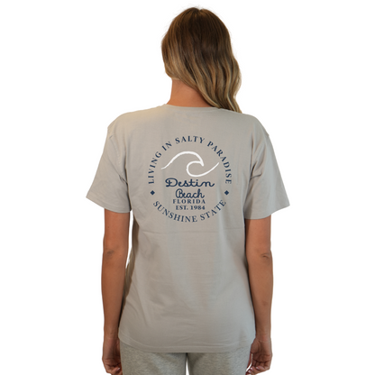 Destin Florida Combed Cotton Women T-Shirt with a Front Pocket Design and back "Living in Salty Paradise" Design Style CC1000