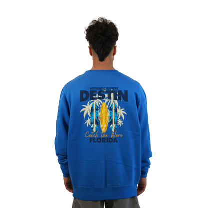 Destin Fl. Fleece Crewneck Sweatshirt Men with a Front Pocket Design and back big 3 Surf Boards Design Style 067