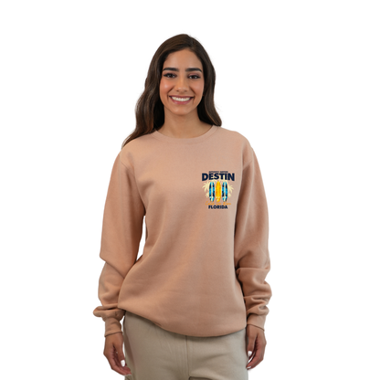 Destin Fl. Fleece Crewneck Sweatshirt Women with a Front Pocket Design and back big 3 Surf Boards Design Style 067