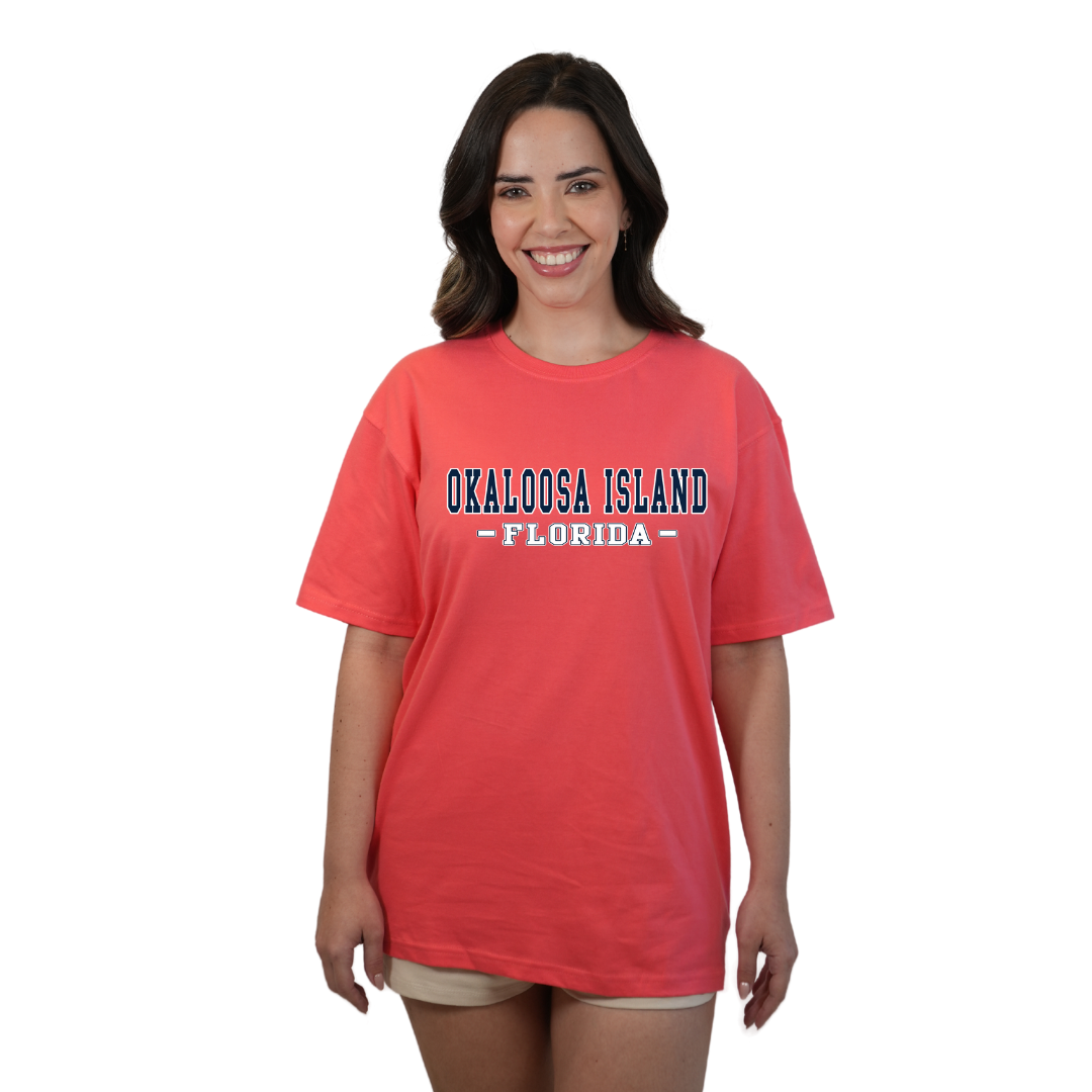 Okaloosa Island T-Shirt  Combed Cotton Women  with Navy City Name Front Design Style CC1000