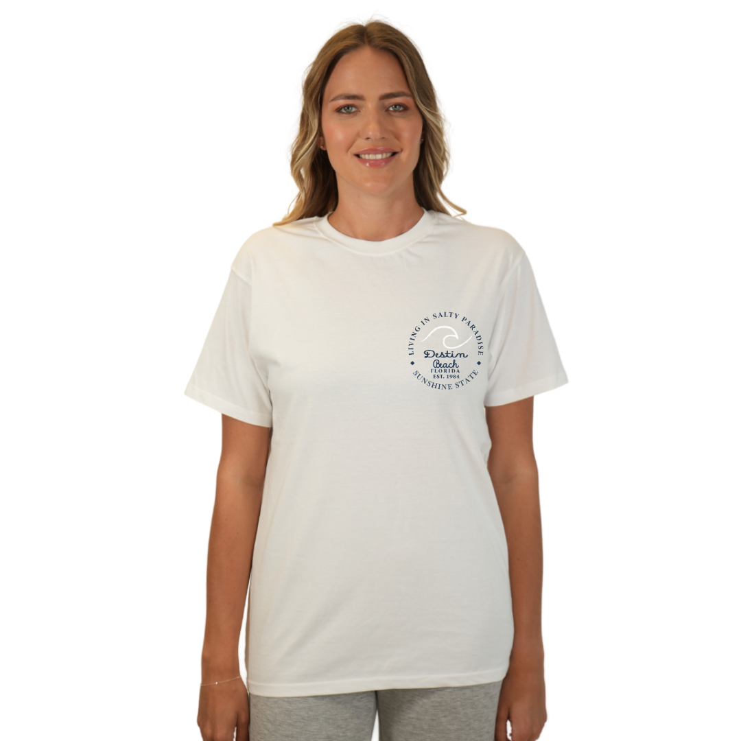 Destin Florida Combed Cotton Women T-Shirt with a Front Pocket Design and back "Living in Salty Paradise" Design Style CC1000