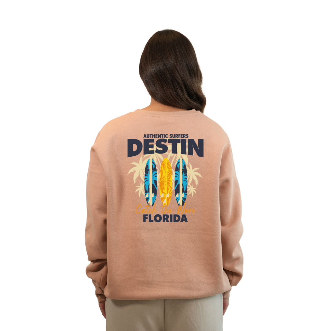 Destin Fl. Fleece Crewneck Sweatshirt Women with a Front Pocket Design and back big 3 Surf Boards Design Style 067