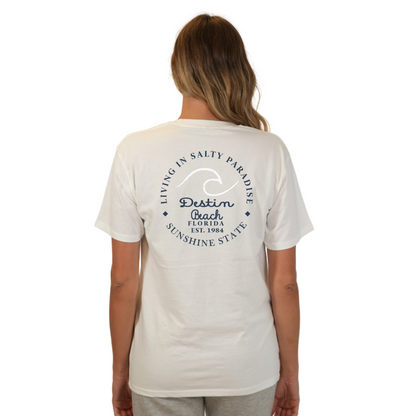 Destin Florida Combed Cotton Women T-Shirt with a Front Pocket Design and back "Living in Salty Paradise" Design Style CC1000