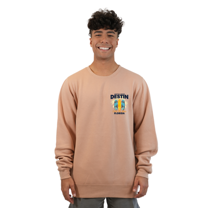 Destin Fl. Fleece Crewneck Sweatshirt Men with a Front Pocket Design and back big 3 Surf Boards Design Style 067