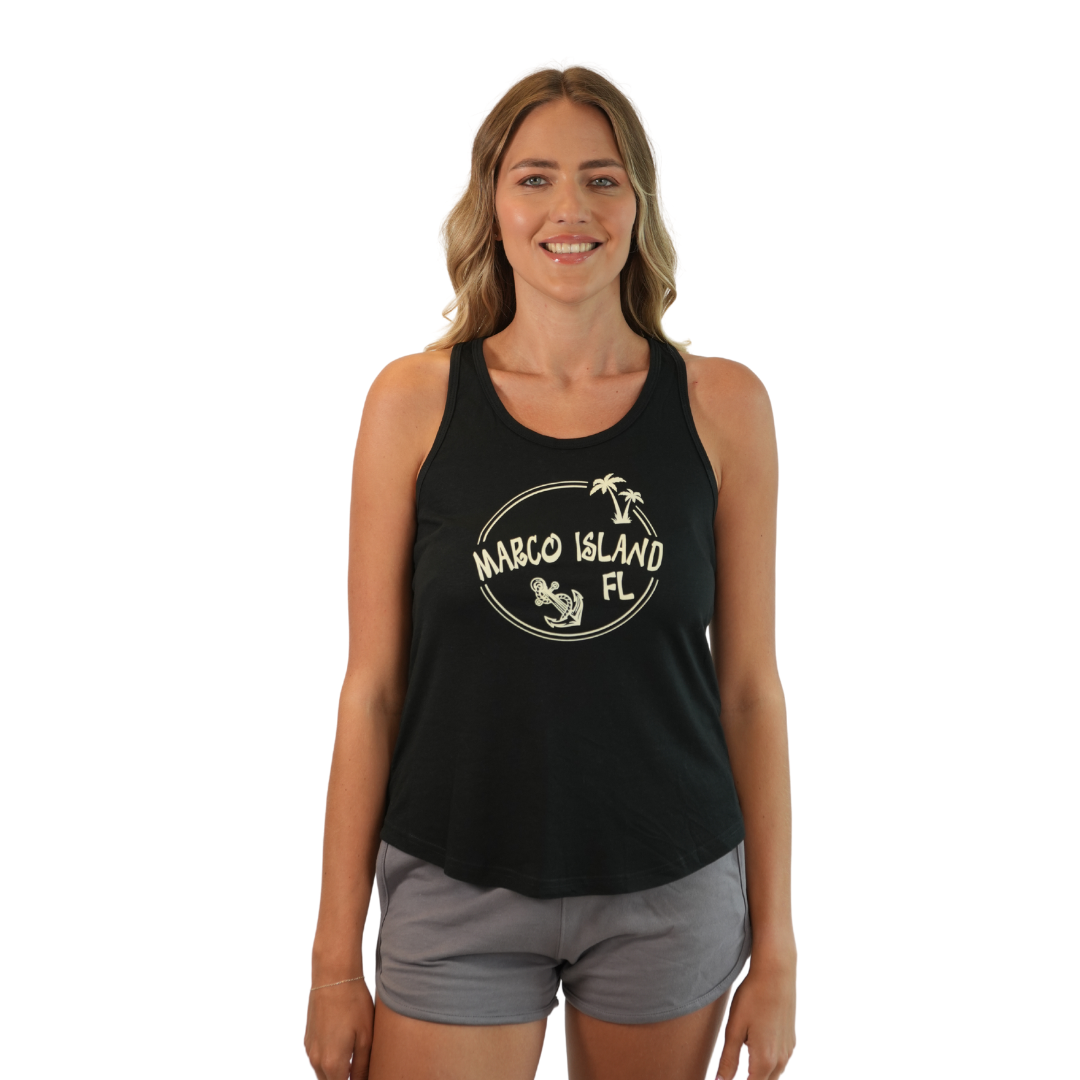 Marco Island Women Cross Racerback Tank with Circle Palm Tree and Anchor Design Colors White and Black Style 196