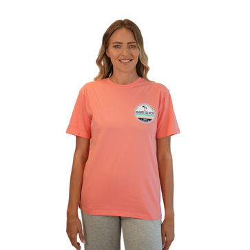 More About Less SWIM FOR THE PEACE TシャツM Miami World's Most Combed/Cotton Women Peach T-Shirt Style