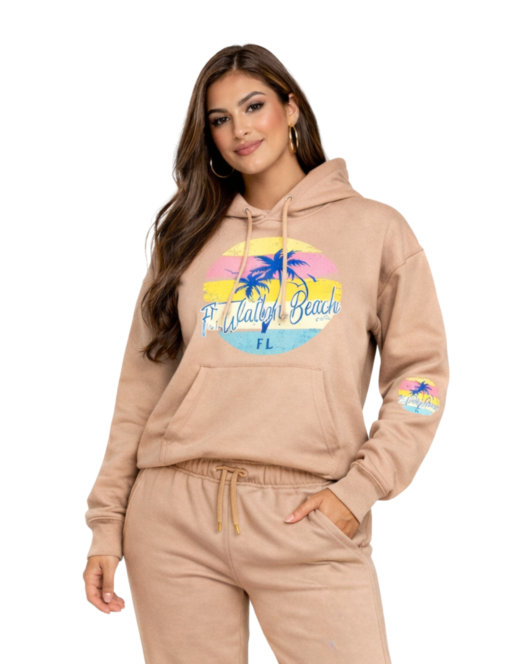 Ft. Walton Beach Palm Tree/ Stripes (Hoodie& Pants) Set (Two Piece) Clothing alvinsisland.com Cappuccino S