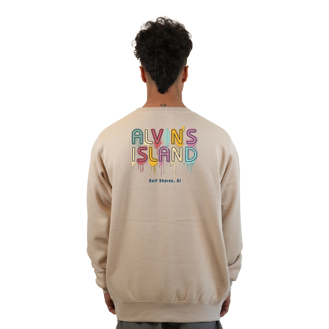 Gulf Shores Fleece Crewneck Sweatshirt Men with a Alvin's island Drip Painting Design Style 067