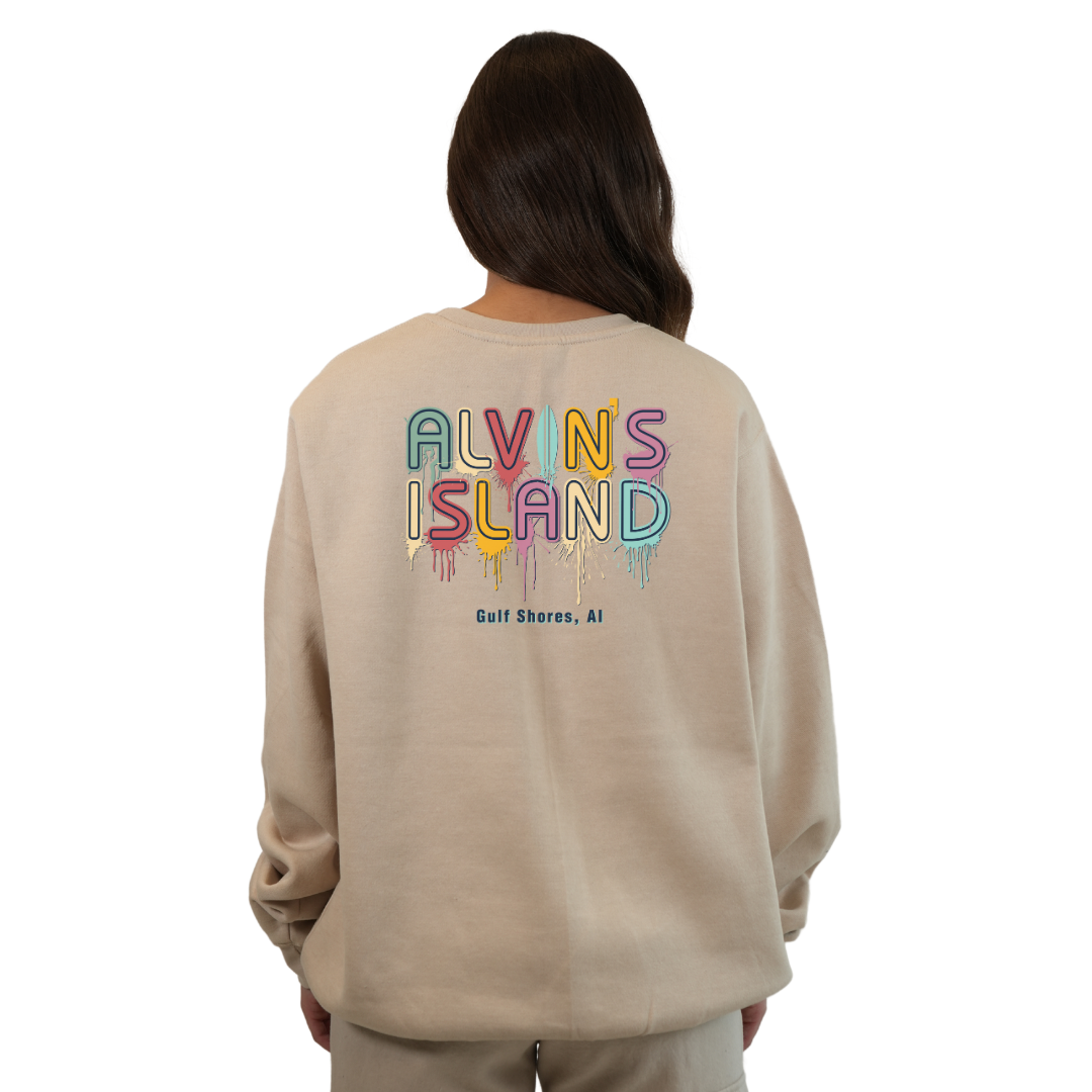 Gulf Shores Fleece Crewneck Sweatshirt Women with a Alvin's island Drip Painting Design Style 067