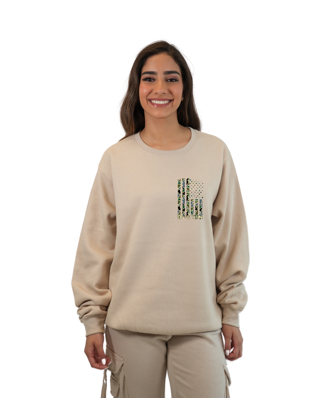 Destin  American Flag Women  Crewneck – Camouflage Edition