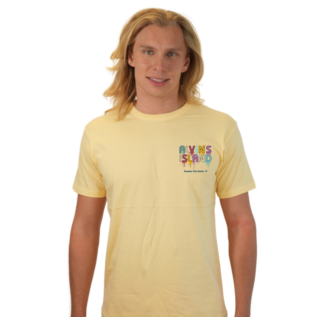Panama City Beach Combed Cotton Men T-Shirt with a Alvin's island Drip Painting Design Style CC1000 T-SHIRT alvinsisland.com Soft Yellow S