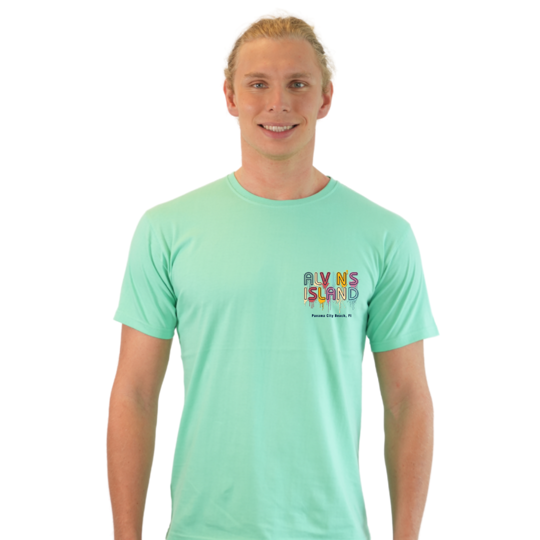 Panama City Beach Combed Cotton Men T-Shirt with a Alvin's island  Drip  Painting Design Style CC1000