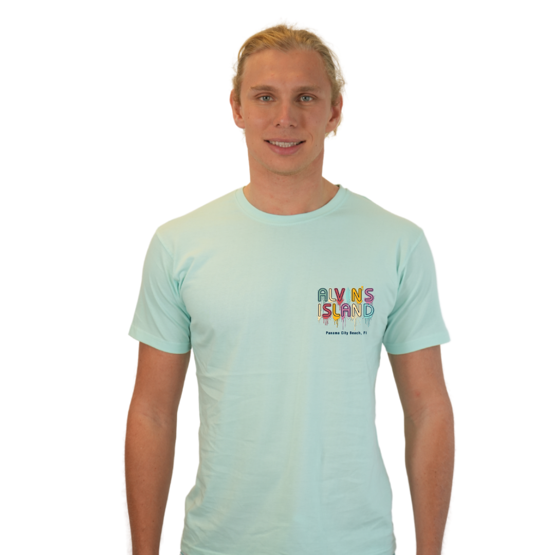 Panama City Beach Combed Cotton Men T-Shirt with a Alvin's island  Drip  Painting Design Style CC1000