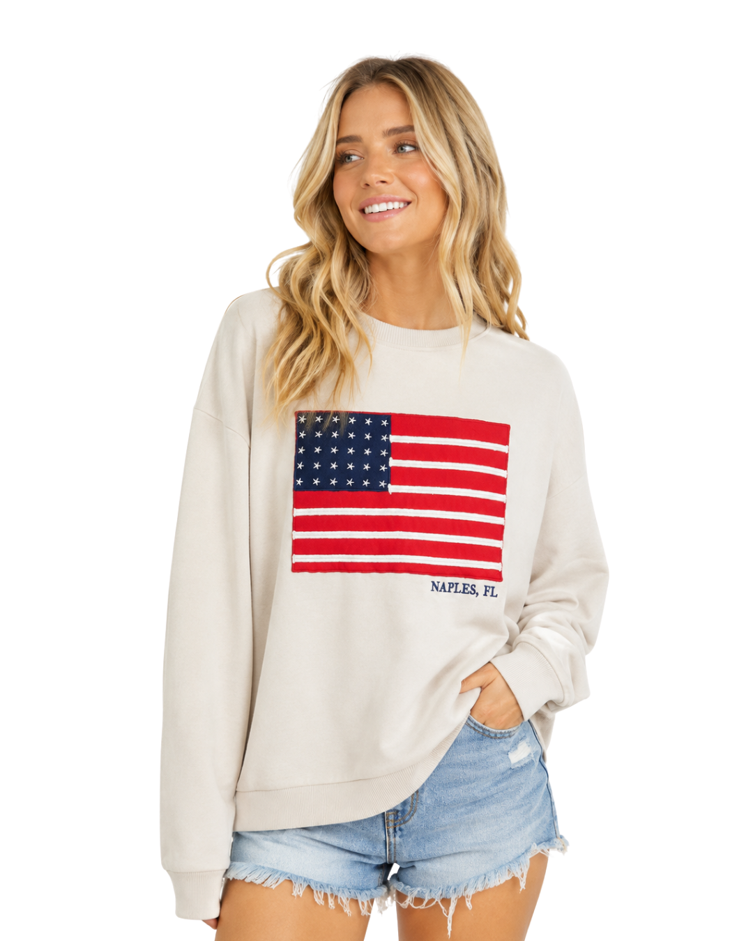 American Flag with City Name Loose Fit Knit Crewneck Sweater