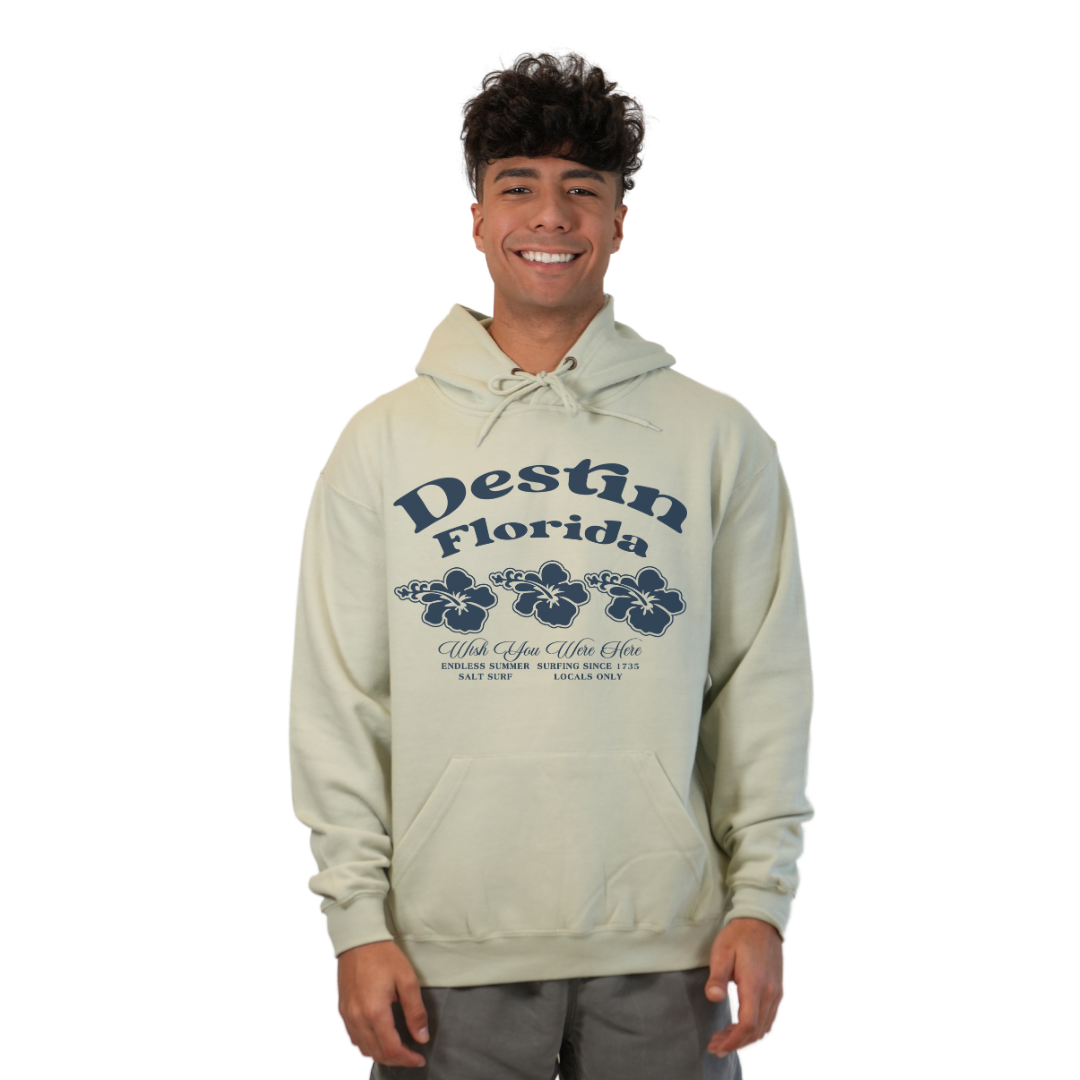 Destin Florida Pullover Hoodie Men with Big Front 3 Hibiscus Design Style 252